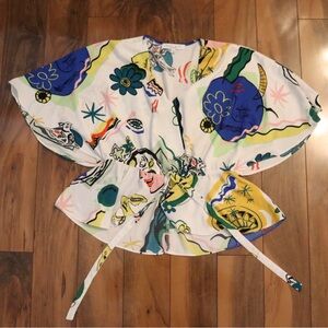 Sweet Rain White Abstract Floral Wrap Blouse with Blue & Yellow Prints